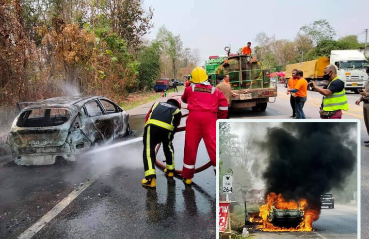 ไฟไหม้รถเก๋งวอดทั้งคันสองสามีภรรยารอดหวุดหวิด